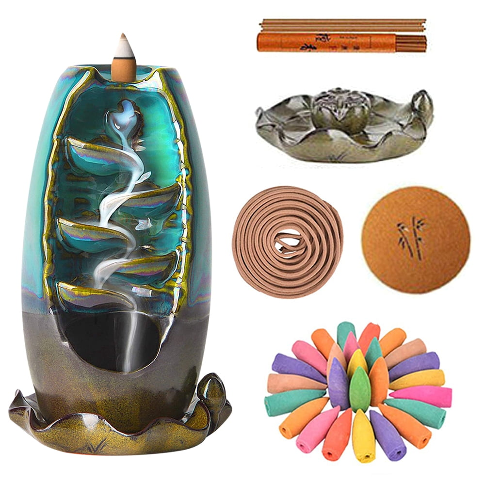 Ceramic backflow incense burner with spiral smoke design, incense cones, sticks, and coil set in various colors.