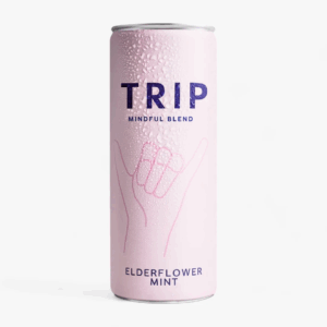 Trip Mindful Blend sparkling drink can in Elderflower Mint flavor with a light pink design and condensation droplets