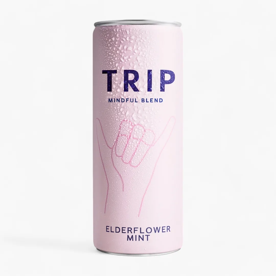 Trip Mindful Blend sparkling drink can in Elderflower Mint flavor with a light pink design and condensation droplets
