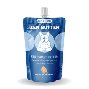 Blue pouch of Zen Frenz Zen Butter CBD peanut butter for dogs, featuring a meditating dog illustration.