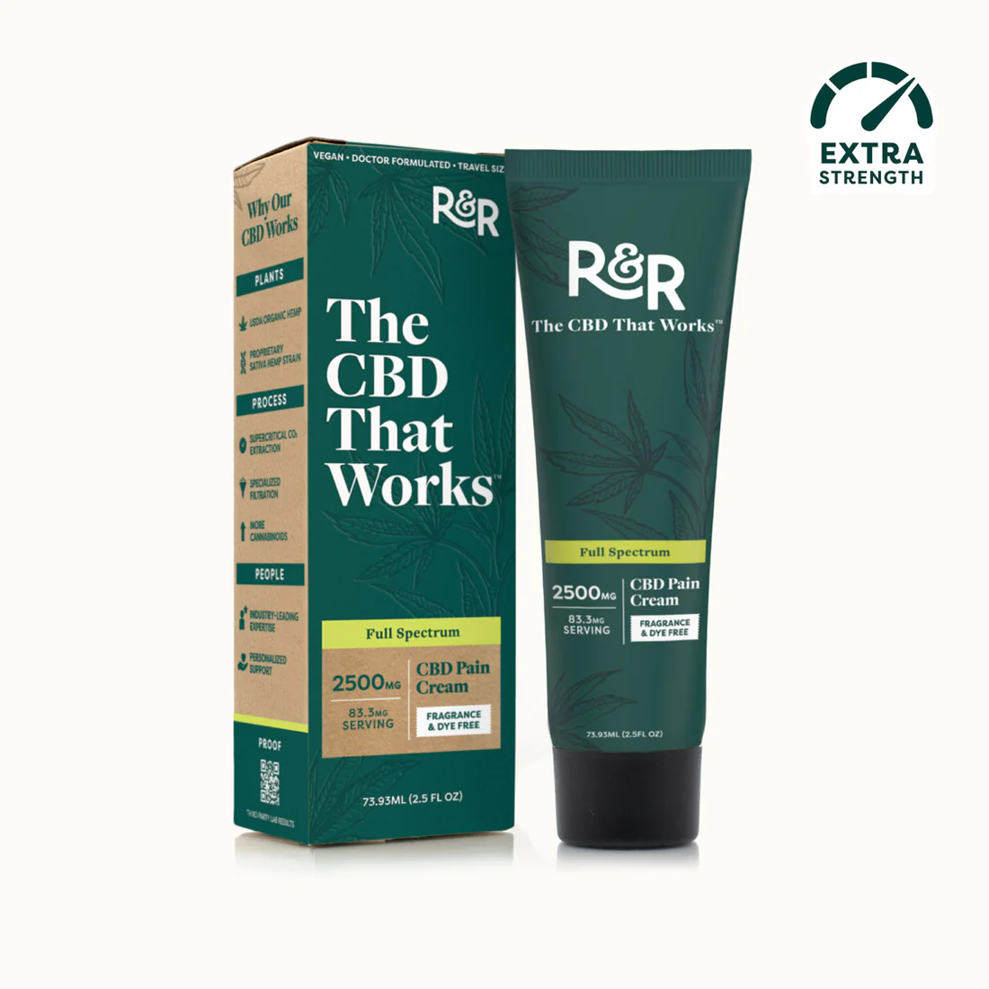 Green box and tube packaging of R&R Full Spectrum CBD Pain Cream labeled as extra strength and fragrance & dye free
