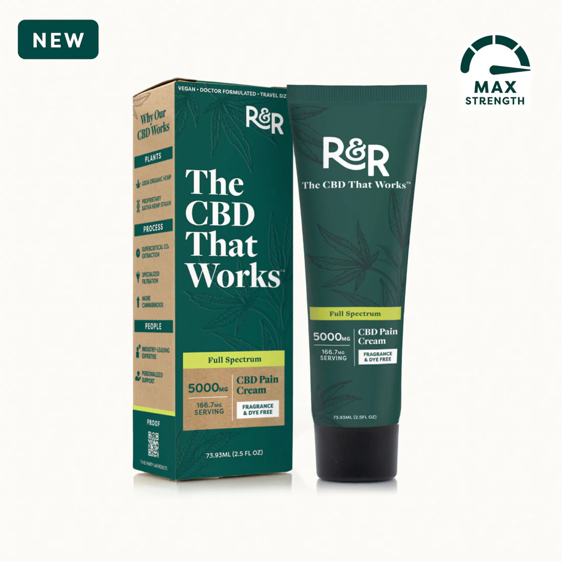 Tube and box packaging of R&R Full Spectrum CBD Pain Cream labeled as max strength and fragrance & dye free