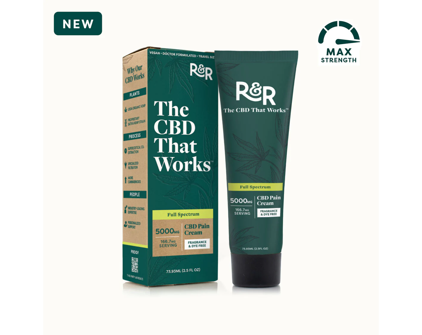 R&R Full Spectrum 5000mg CBD Pain Cream in a green tube and box, labeled max strength and fragrance & dye free.