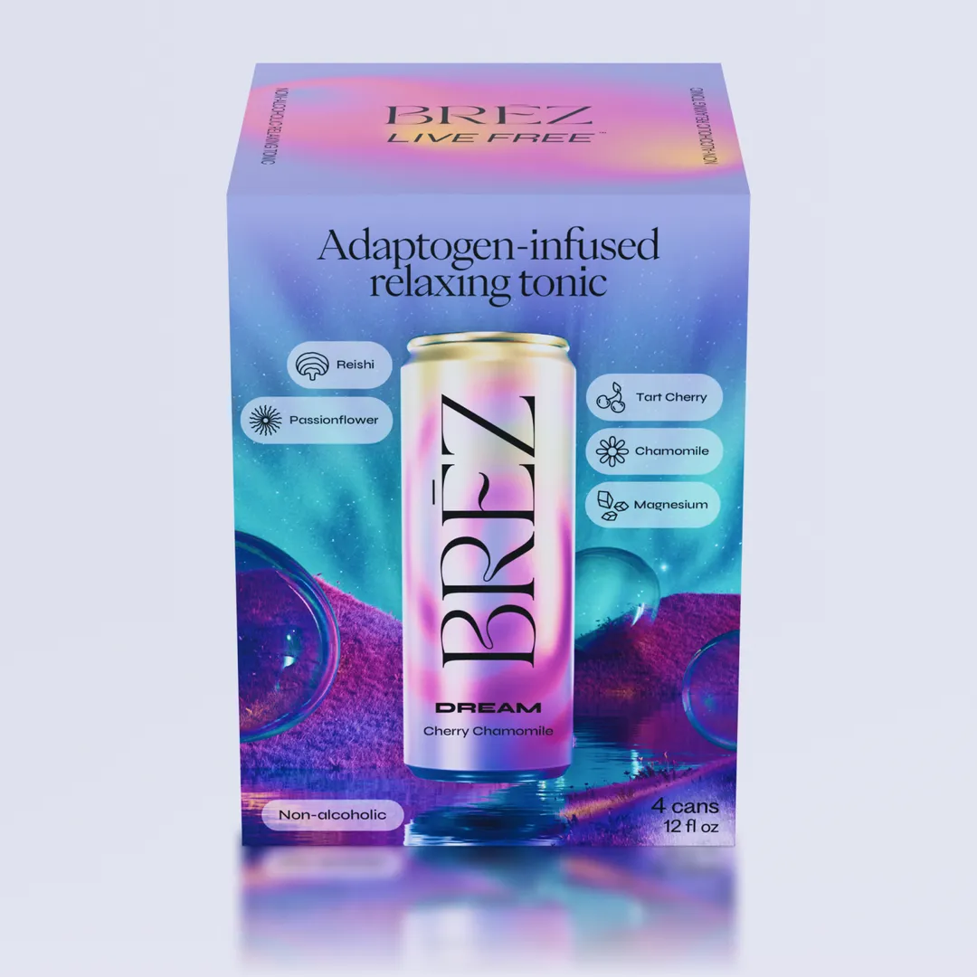 Package of BREZ Dream, an adaptogen-infused relaxing tonic with cherry chamomile flavor, featuring ingredients like Reishi, Passionflower, Tart Cherry, Chamomile, and Magnesium