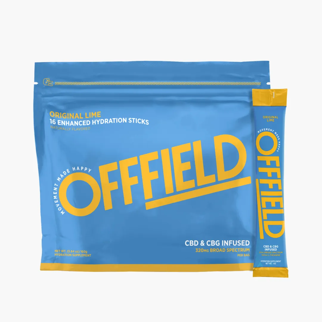 Blue and yellow OFFFIELD hydration supplement pouch with original lime flavor and infused with CBD and CBG.