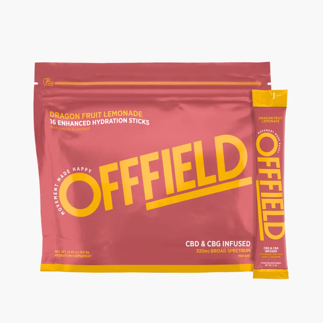 Package of Offfield dragon fruit lemonade flavored hydration sticks infused with CBD and CBG