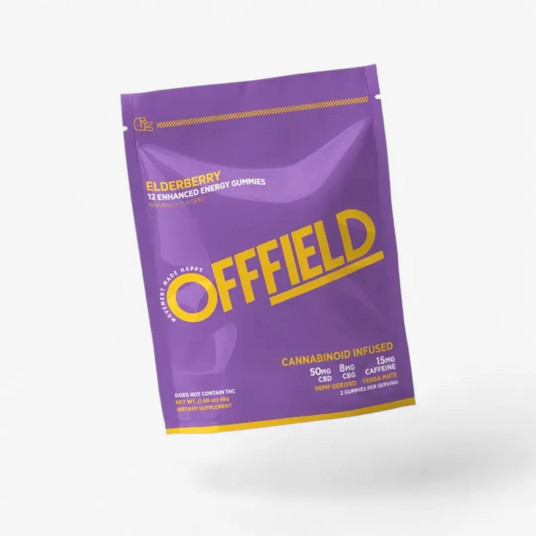 Package of Offfield Elderberry enhanced energy gummies infused with CBD, CBG, caffeine, and yerba maté