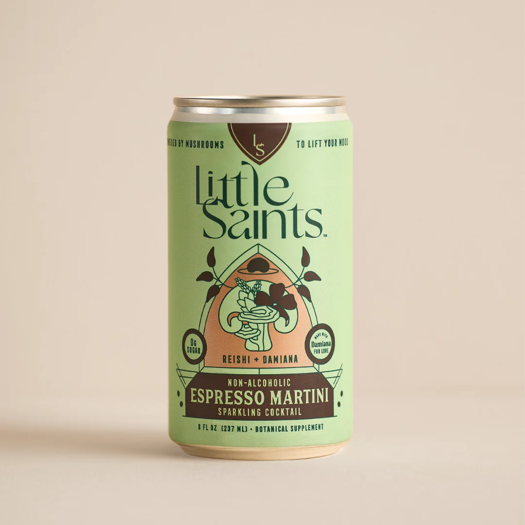 A can of Little Saints non-alcoholic espresso martini sparkling cocktail with reishi and damiana