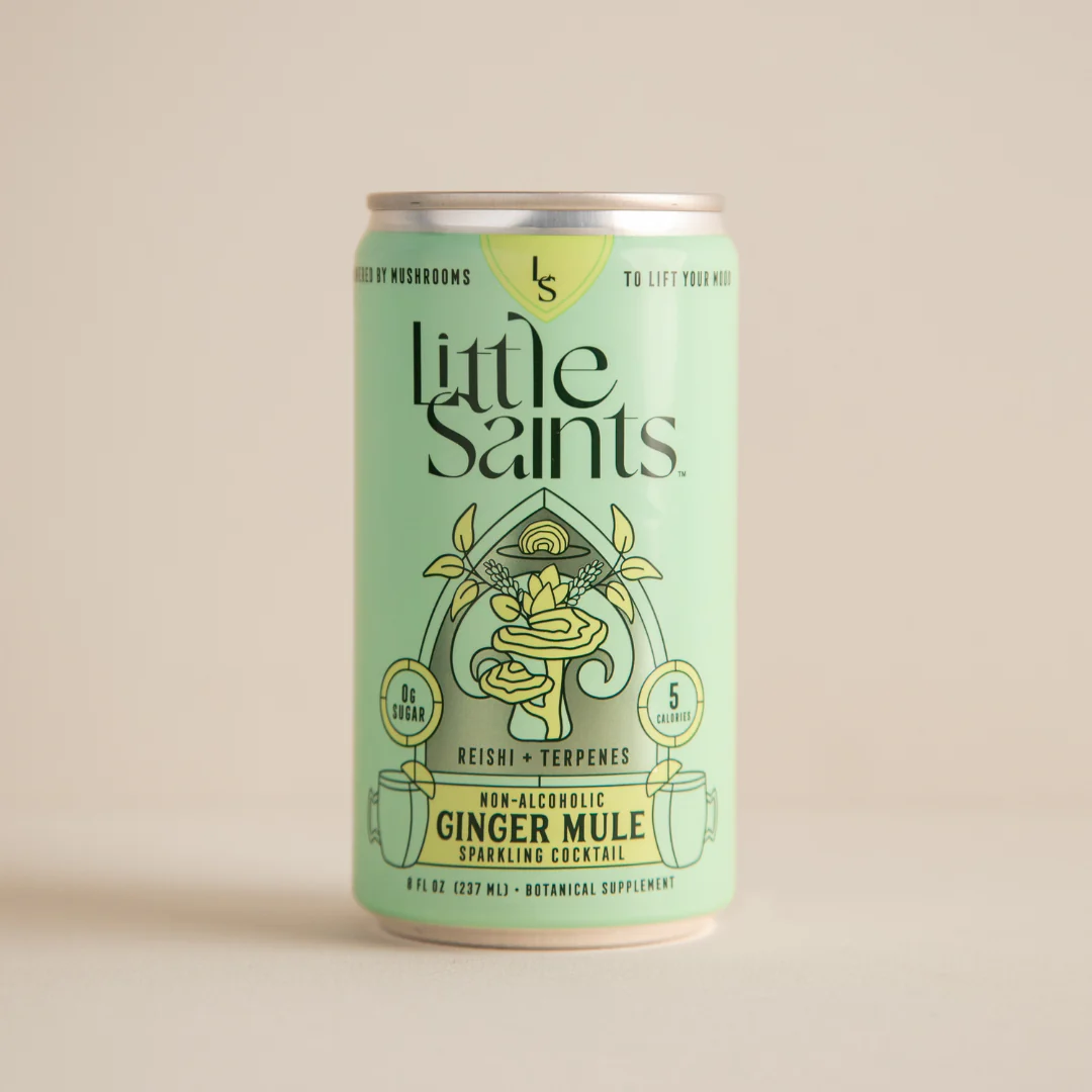 A can of Little Saints non-alcoholic Ginger Mule sparkling cocktail with reishi and terpenes, labeled with 0g sugar and 5 calories
