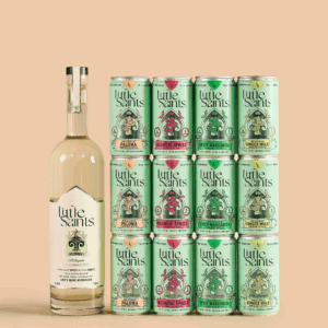 Bottle of Little Saints non-alcoholic spirit and 12 cans of various non-alcoholic sparkling cocktails.