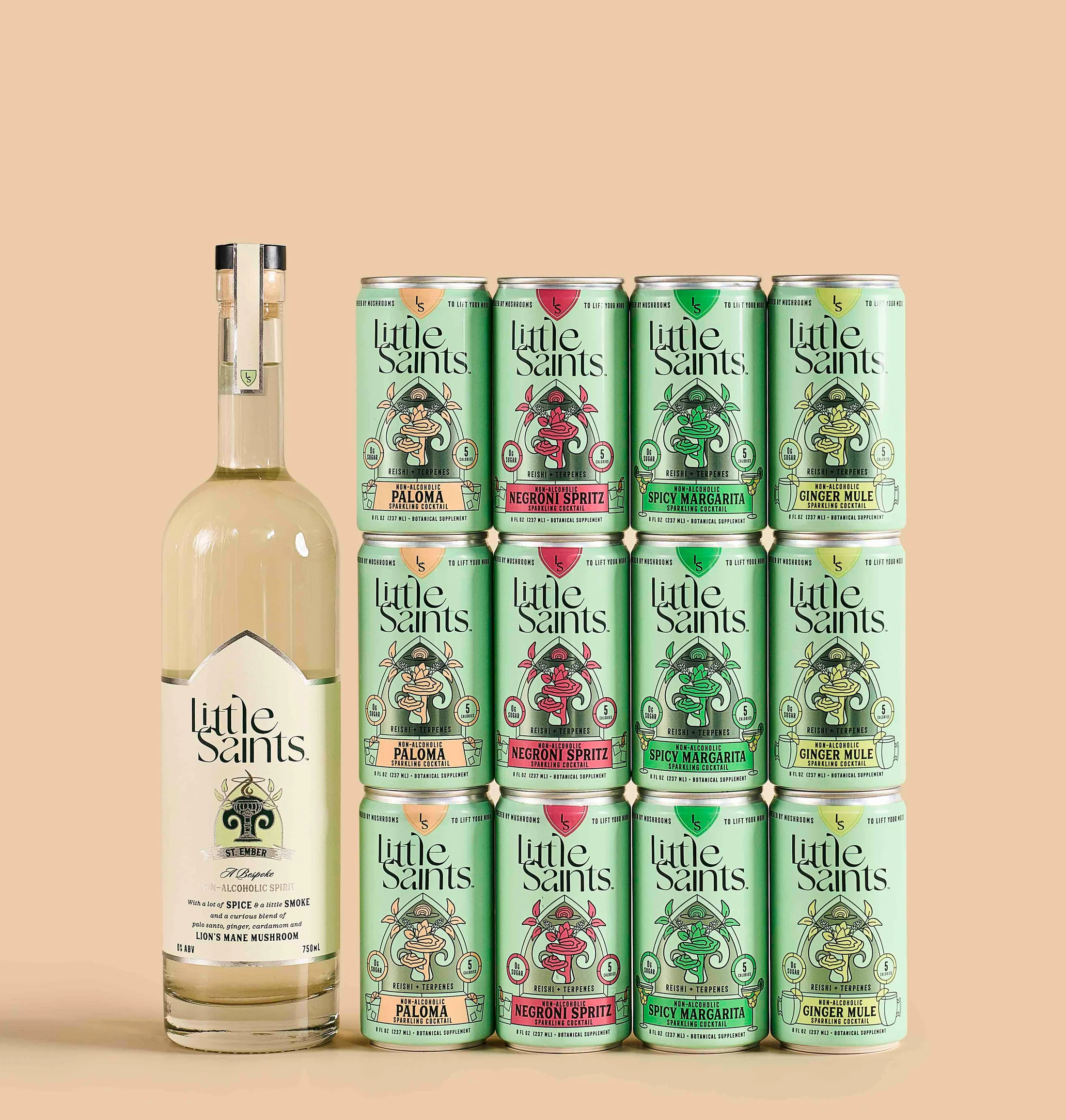 Bottle of Little Saints non-alcoholic spirit and 12 cans of various non-alcoholic sparkling cocktails.