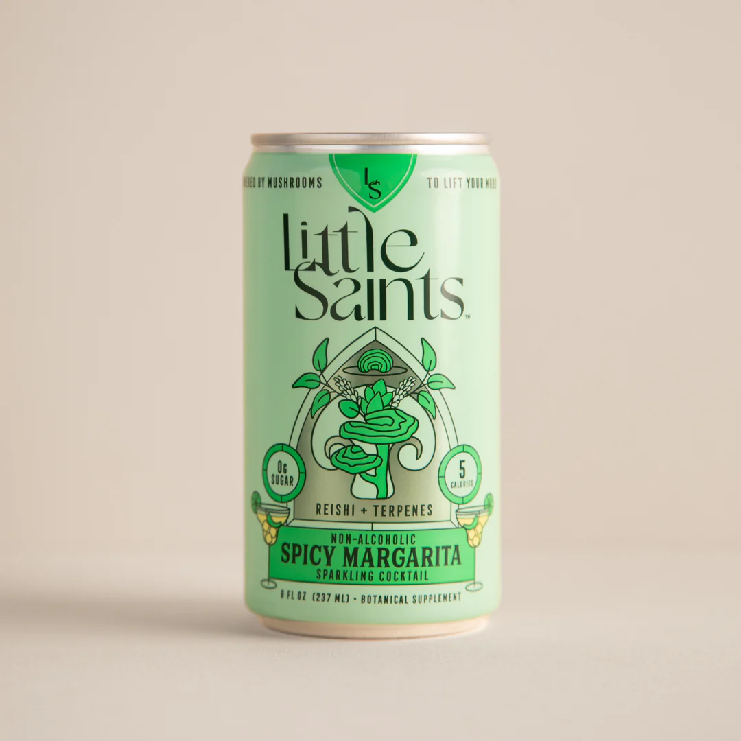Can of Little Saints non-alcoholic Spicy Margarita sparkling cocktail with botanical supplements.