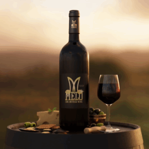 Bottle of Melo CBD infused wine with a glass of red wine and assorted snacks on a barrel at sunset