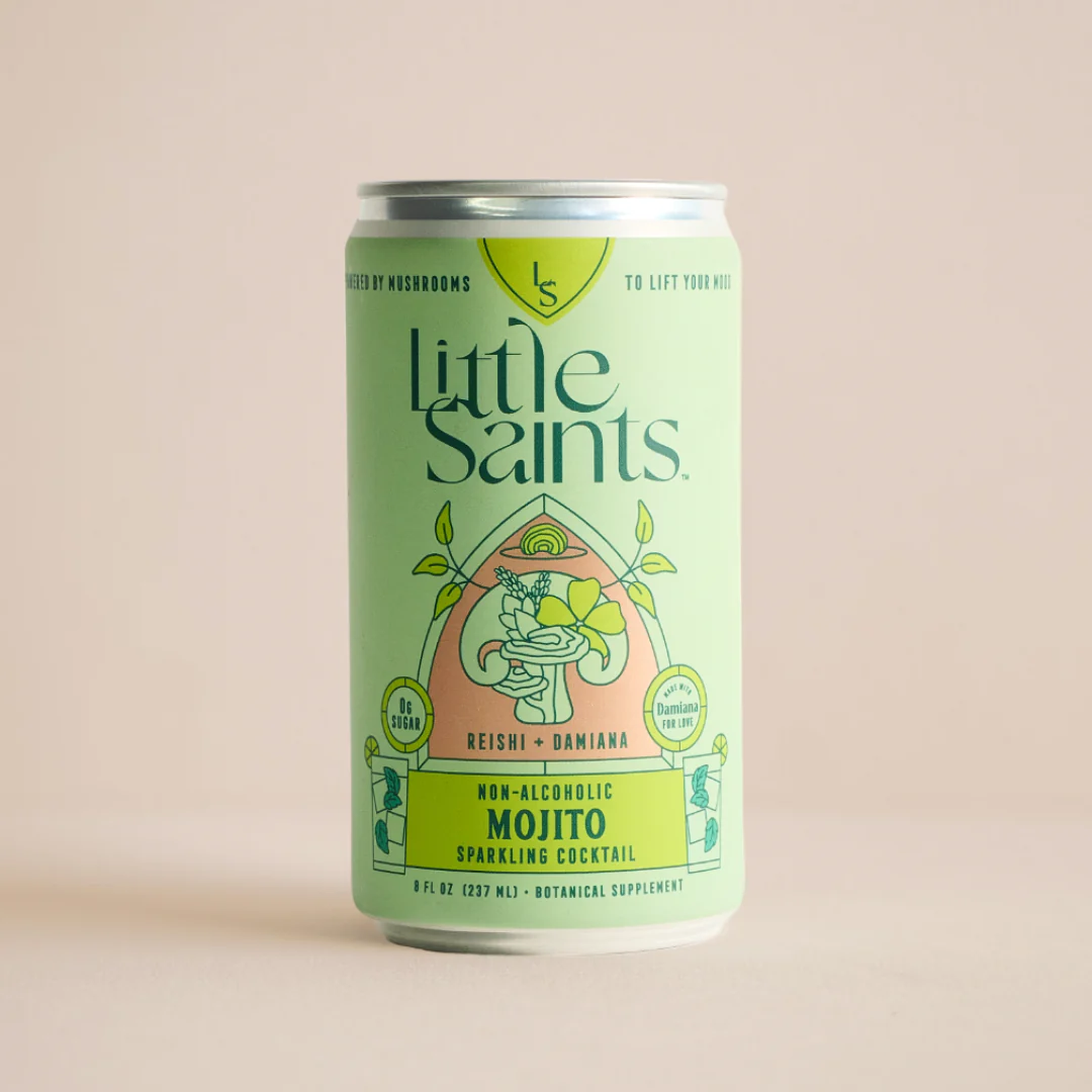 Can of Little Saints non-alcoholic Mojito sparkling cocktail with botanical supplements.