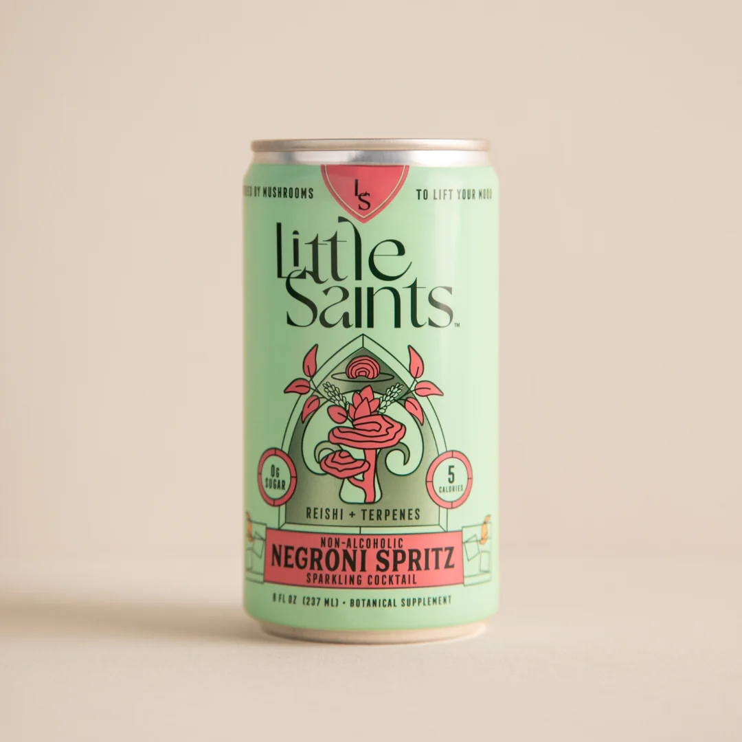 Can of Little Saints non-alcoholic Negroni Spritz sparkling cocktail with botanical supplements.