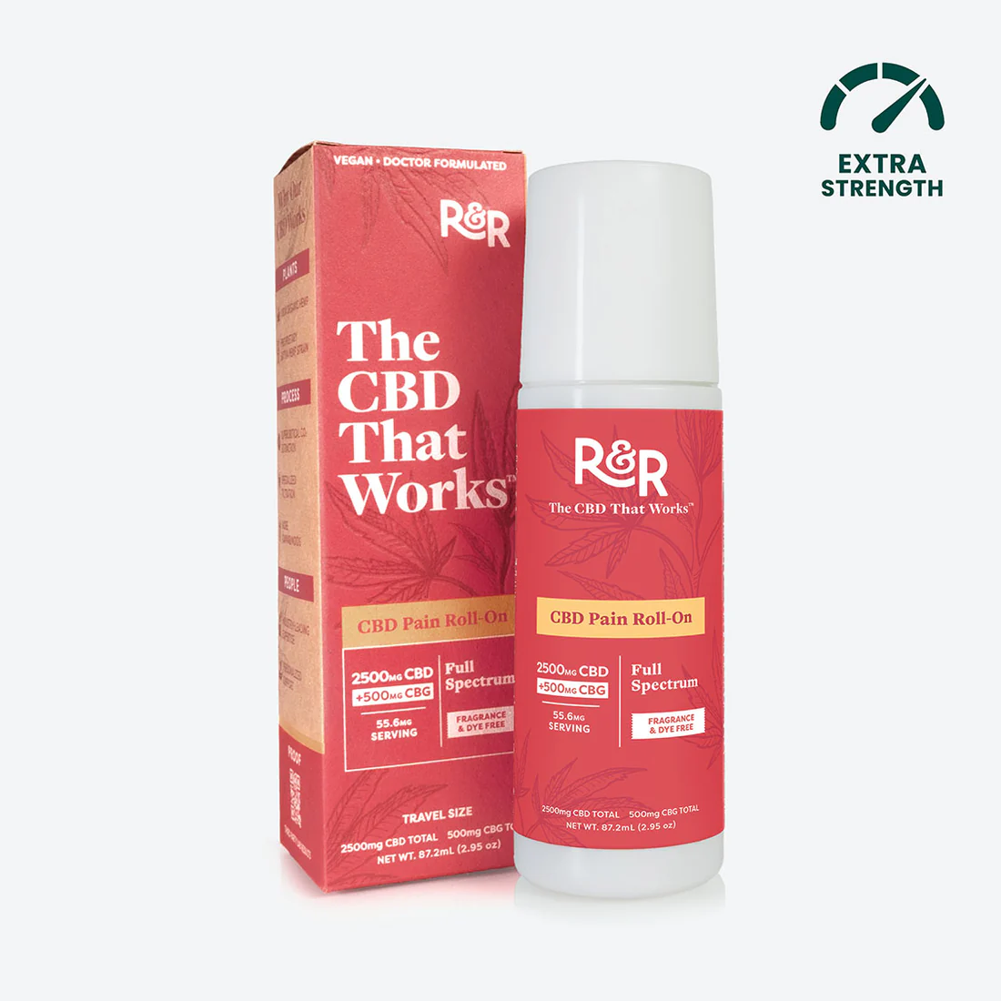 Red box and roll-on bottle packaging of R&R Full Spectrum CBD Pain Roll-On labeled as extra strength and fragrance & dye free