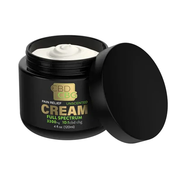 Black jar of unscented full spectrum CBD and CBG pain relief cream with the lid off, showing white cream inside
