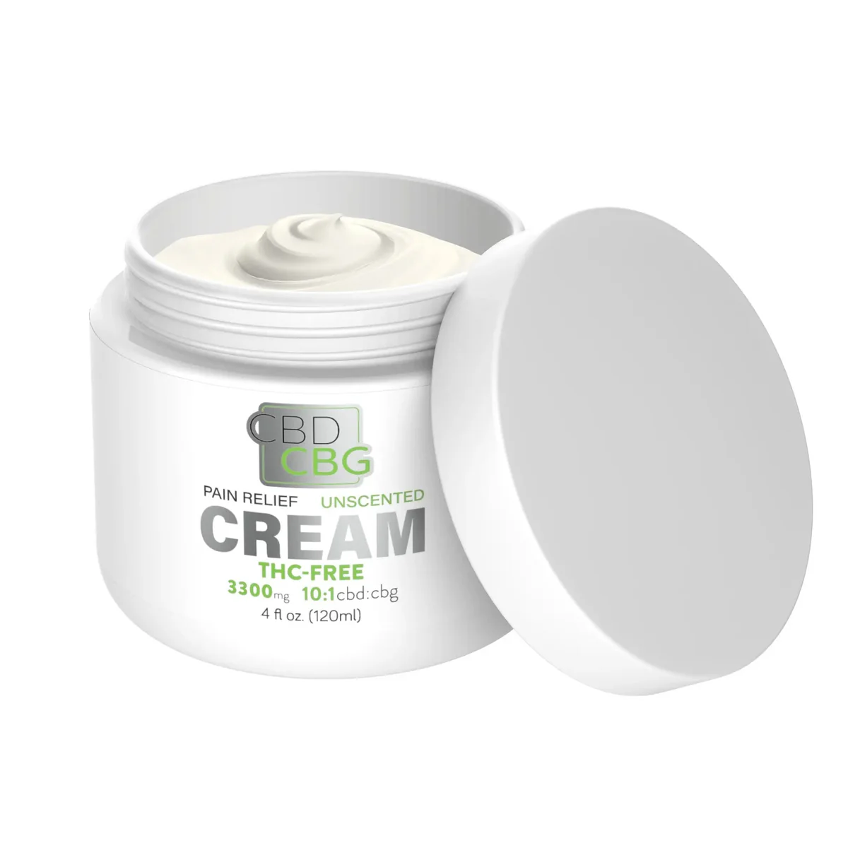 White jar of unscented pain relief cream labeled 'CBD CBG,' THC-free, with 3300 mg concentration and 4 fl oz (120 ml) size