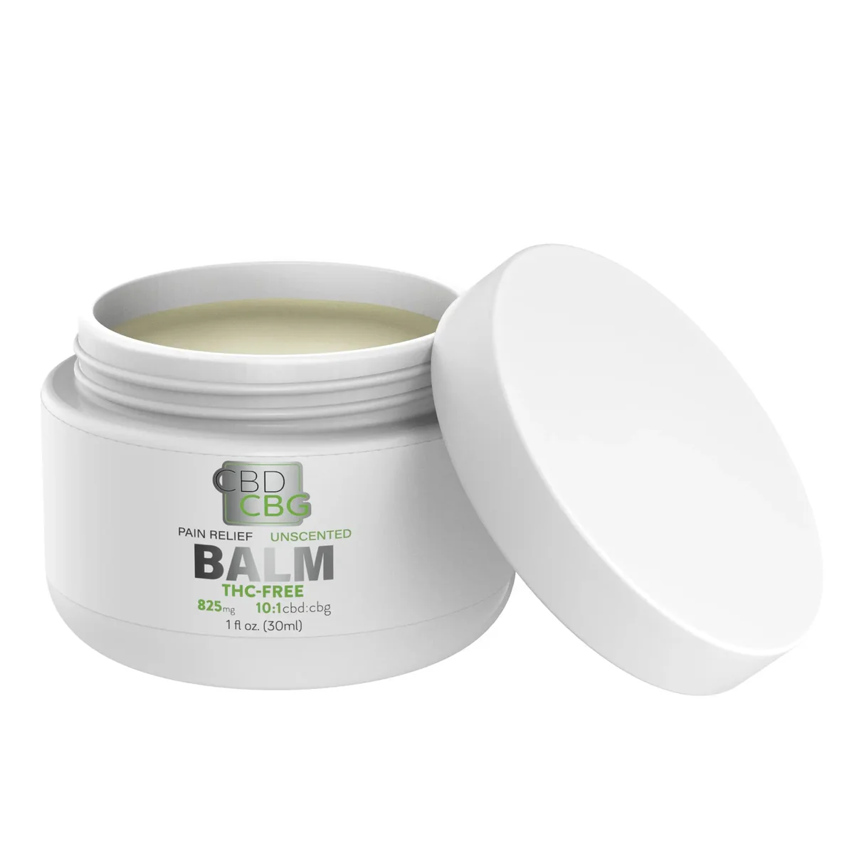 A white jar of unscented CBD and CBG pain relief balm with the lid off