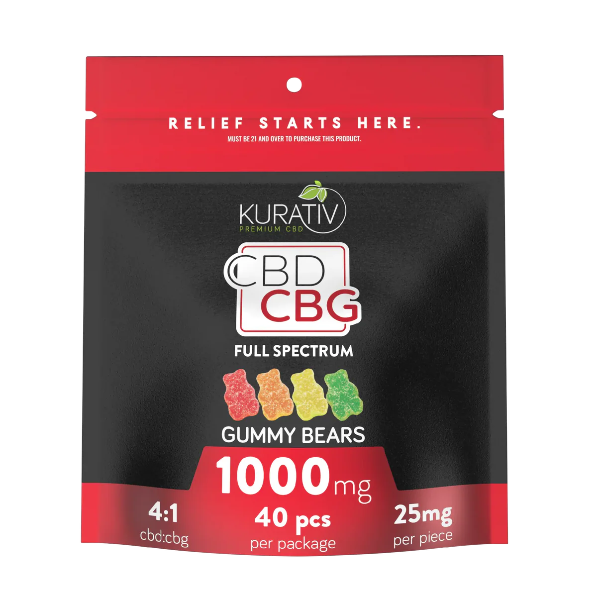 Black and red package of full spectrum CBD CBG gummy bears, 1000mg total, 40 pieces