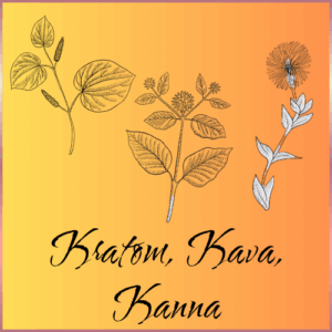 Botanical illustrations of Kratom, Kava, and Kanna plants with text labeling them on an orange gradient background