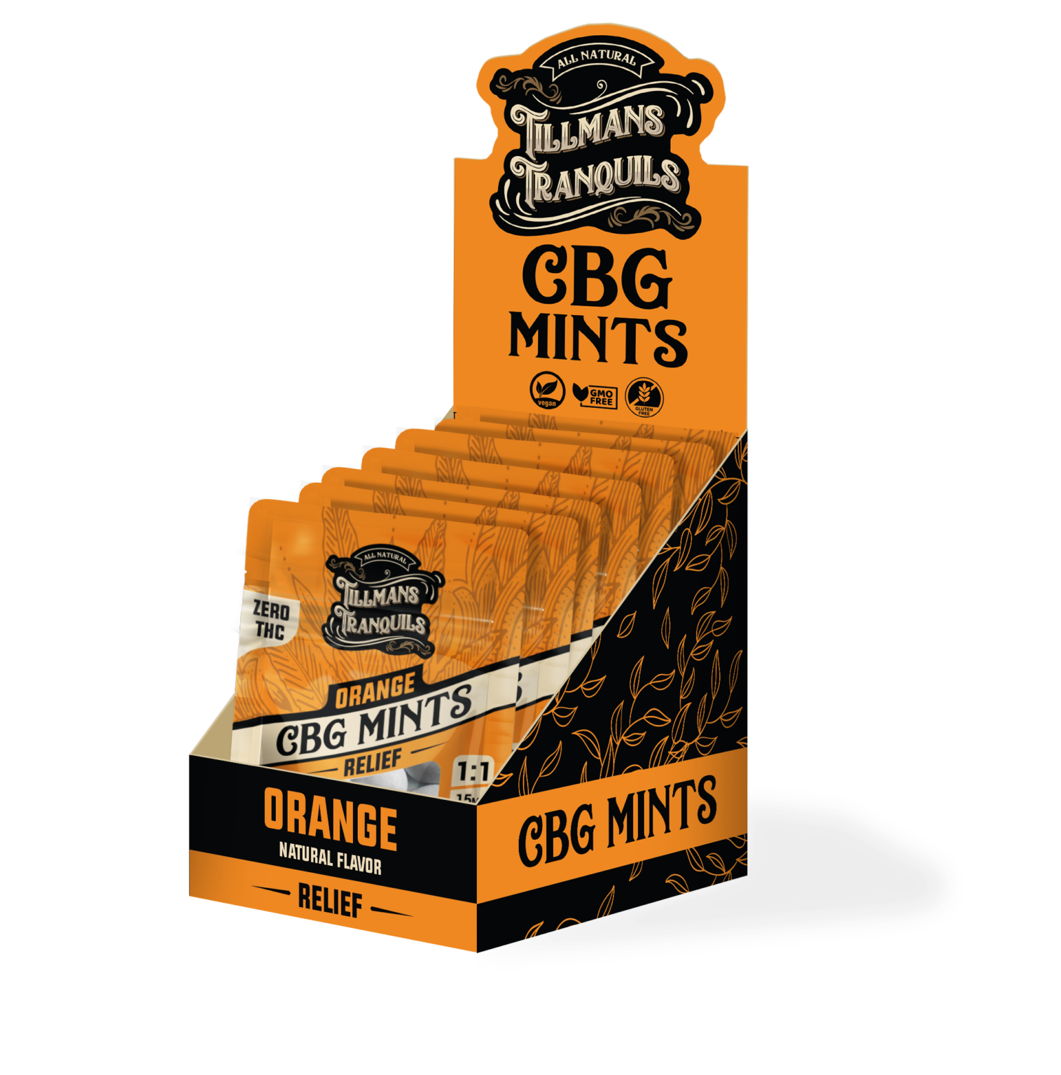 Display box containing multiple orange packets of Tillmans Tranquils CBG Mints labeled for natural orange flavor and relief