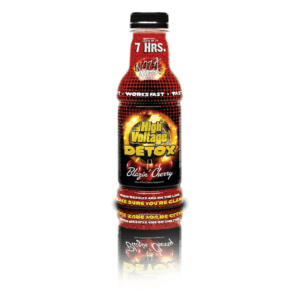 Bottle of High Voltage Detox Blazin' Cherry dietary supplement with a claim of lasting up to 7 hours.