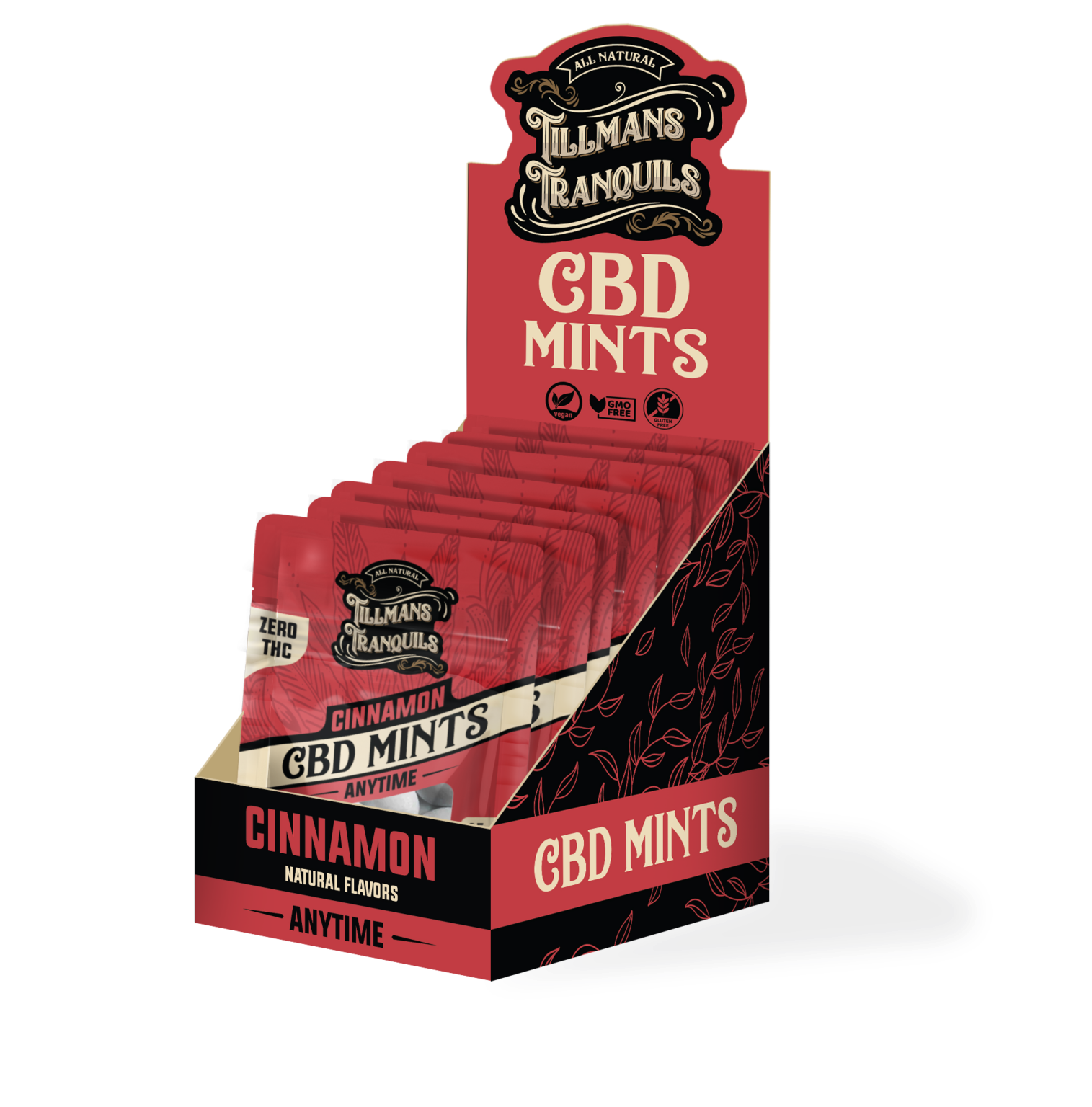 A display box containing multiple packs of Tillmans Tranquils Cinnamon CBD Mints, labeled as vegan, GMO-free, gluten-free, and zero THC
