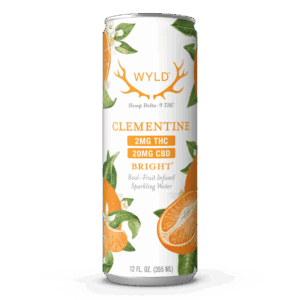 Can of WYLD Clementine sparkling water infused with 2mg THC and 20mg CBD, featuring illustrated clementine fruits and leaves on the label