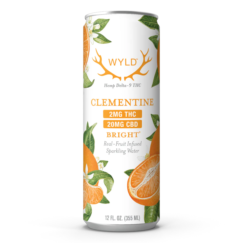Can of WYLD Clementine sparkling water infused with 2mg THC and 20mg CBD, featuring illustrated clementine fruits and leaves on the label