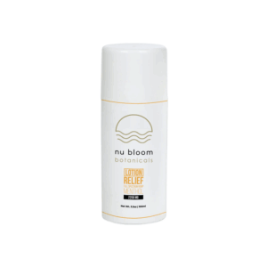 White bottle of Nu Bloom Botanicals Lotion Relief with menthol, 2200 mg, on a white background.