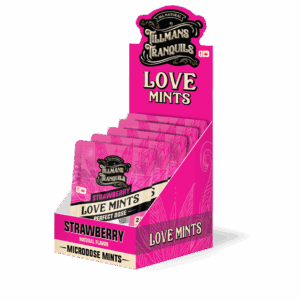 Pink display box containing multiple packs of Tillmans Tranquils Love Mints, strawberry flavored microdose mints