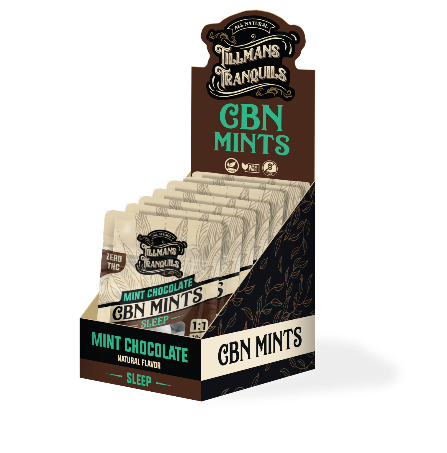 Display box containing multiple packages of Tillmans Tranquils CBN Mints in mint chocolate flavor, labeled for sleep aid and zero THC