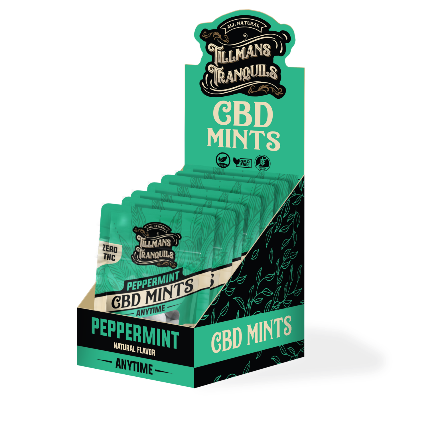 Display box of Tillmans Tranquils peppermint-flavored CBD mints with individual packets visible