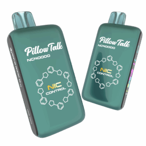 Two greenish-blue Pillow Talk NC40000 vape devices with NIC Control branding and molecular structure graphics