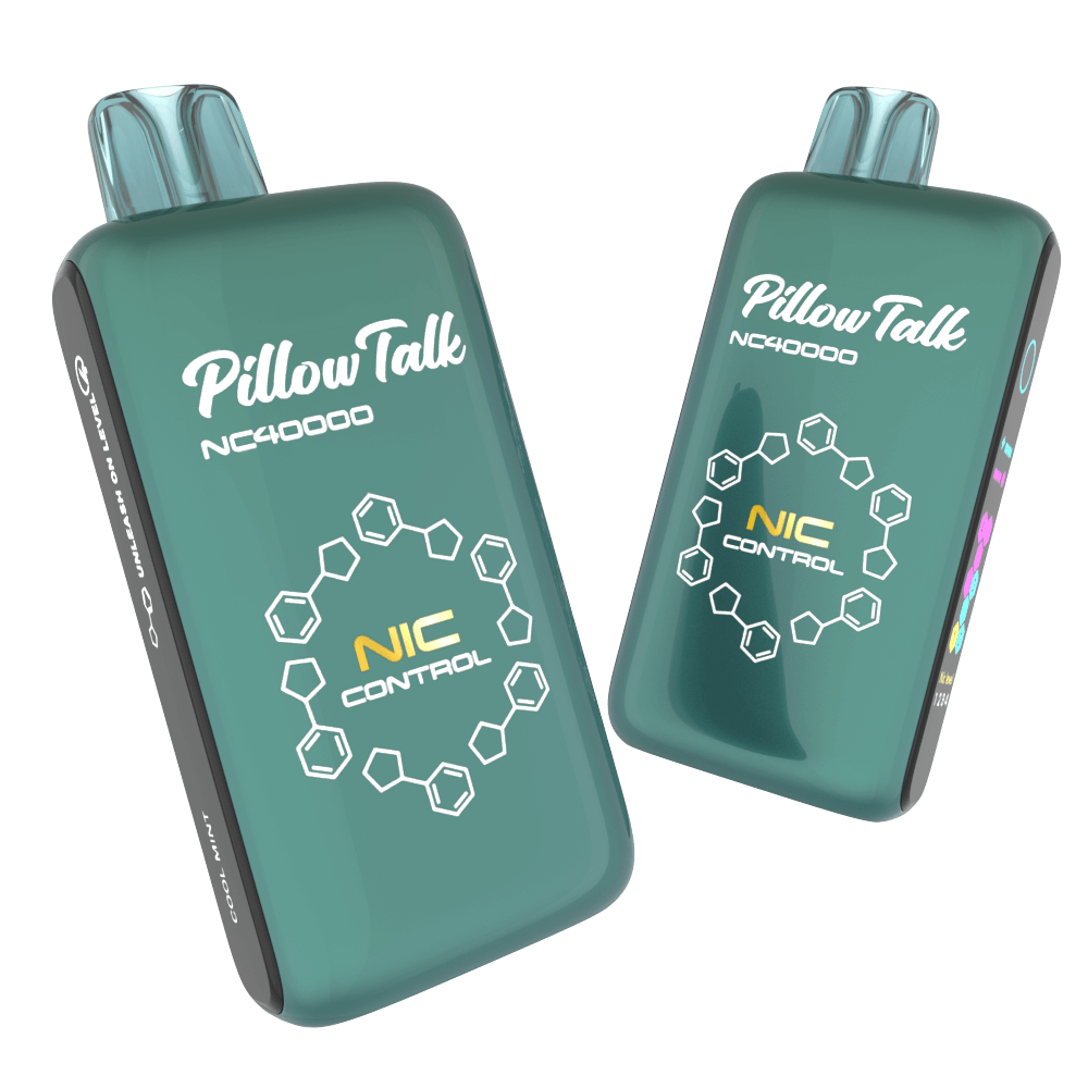 Two greenish-blue Pillow Talk NC40000 vape devices with NIC Control branding and molecular structure graphics