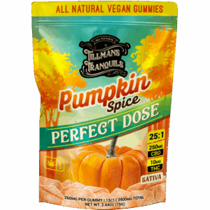 A package of Tillmans Tranquils Pumpkin Spice Perfect Dose vegan gummies containing 250mg CBD and 10mg THC.