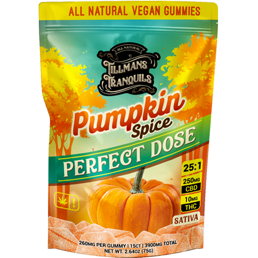 A package of Tillmans Tranquils Pumpkin Spice Perfect Dose vegan gummies containing 250mg CBD and 10mg THC.