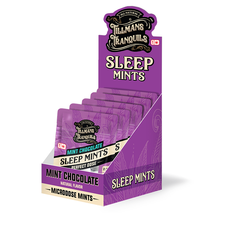 Tillmans Tranquils Sleep Mints Mint Chocolate flavor packaging with multiple packs displayed in a purple box