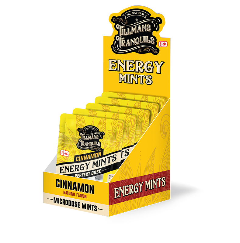 Box of Tillmans Tranquils Energy Mints in cinnamon flavor with multiple packets inside