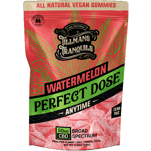 Package of Tillman's Tranquils Orange Perfect Dose Relief gummies, labeled all-natural vegan gummies with 25mg CBD and 25mg CBG per gummy, zero THC, and a 1:1 ratio