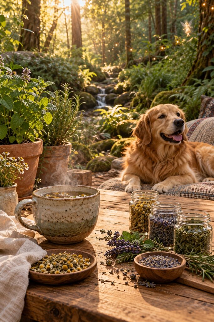 Imagined woodland tea setting with fresh herbs, warm forest light and a relaxed golden retriever.